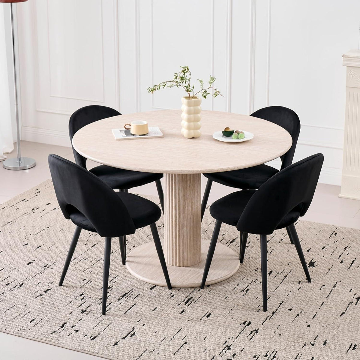 Runder Esstisch Set mit 4 Samtstühlen – Beige & Schwarz