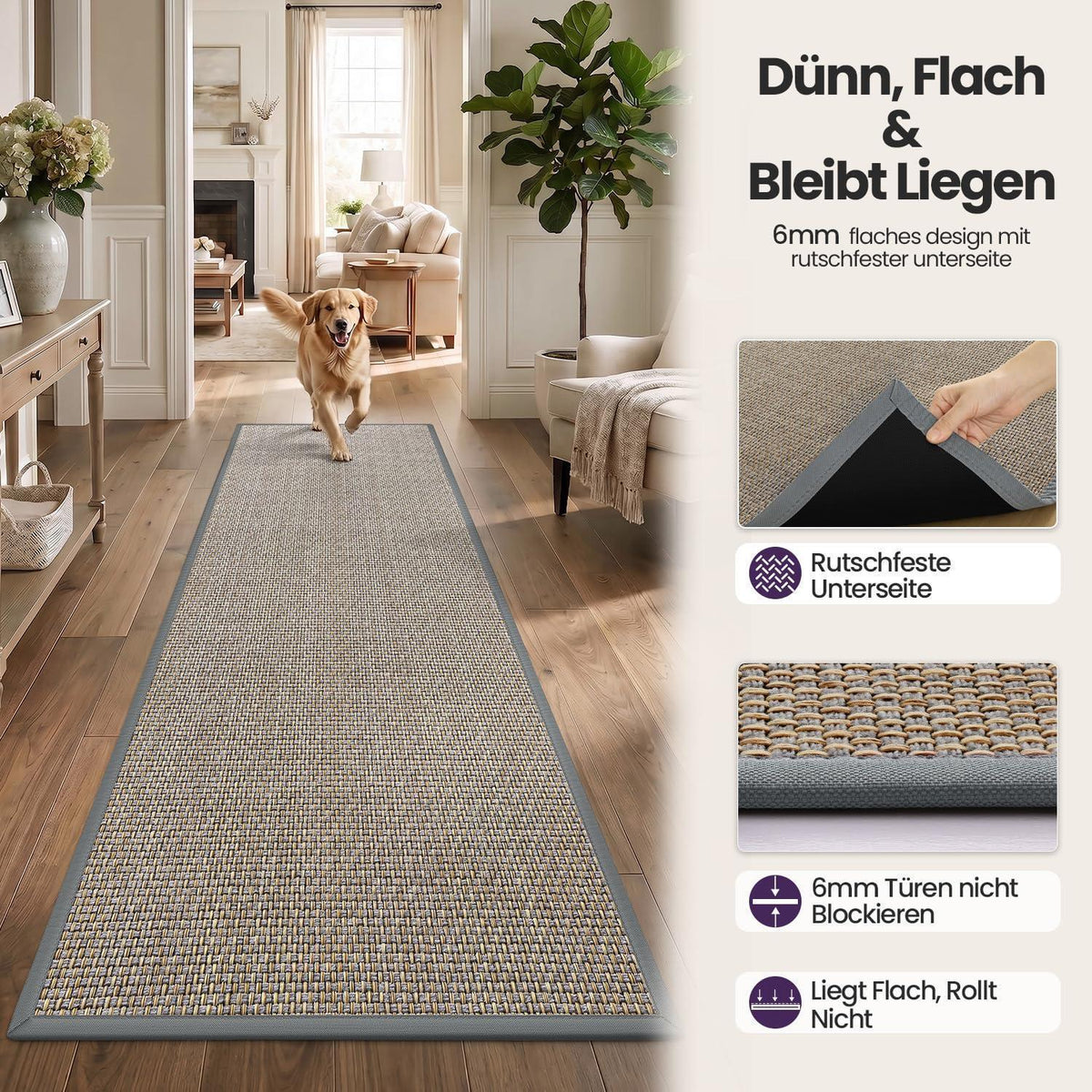 Läufer Flur Grau 80x300 cm - Rutschfest & Saugstark