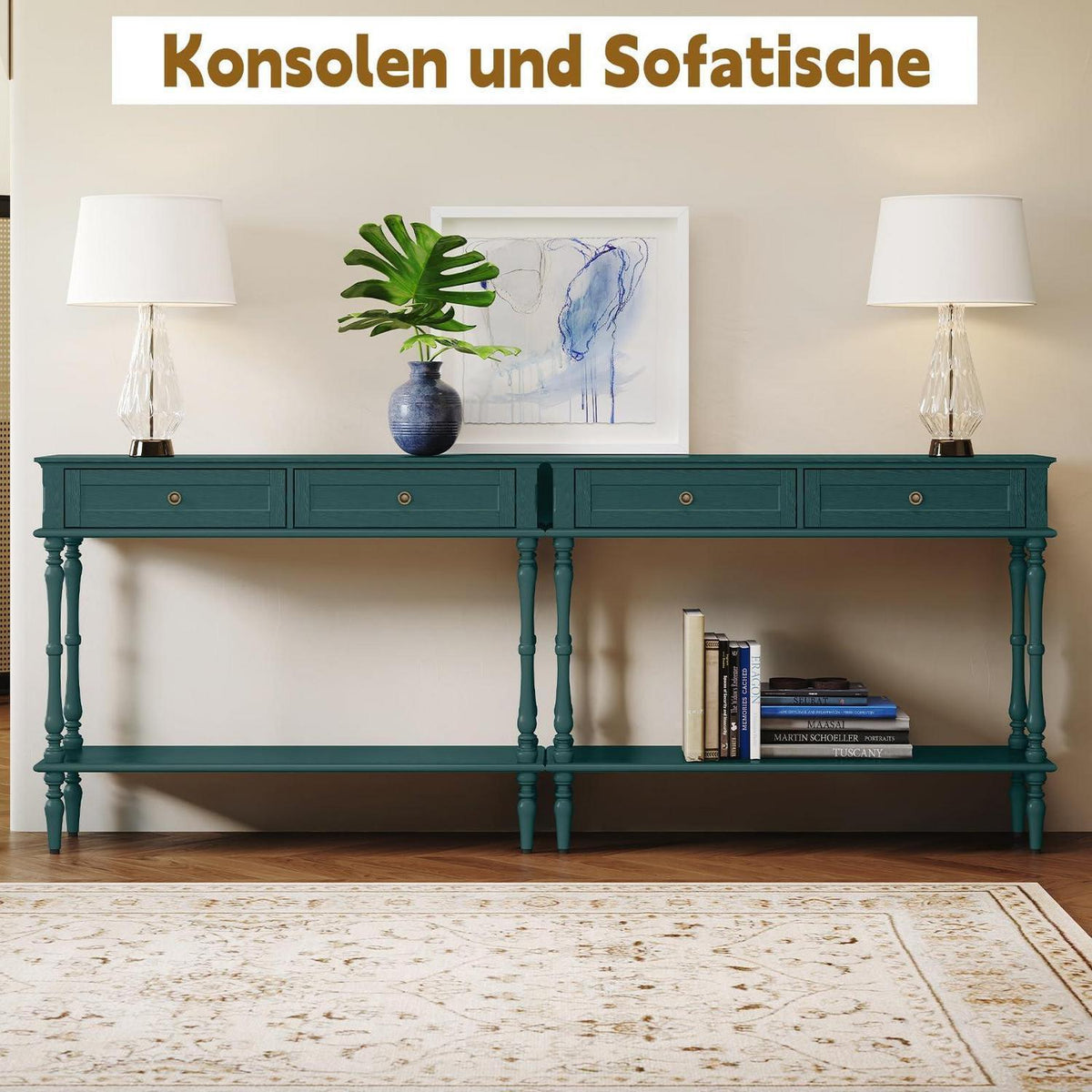 Konsolentisch Grün mit Schubladen und Ablage