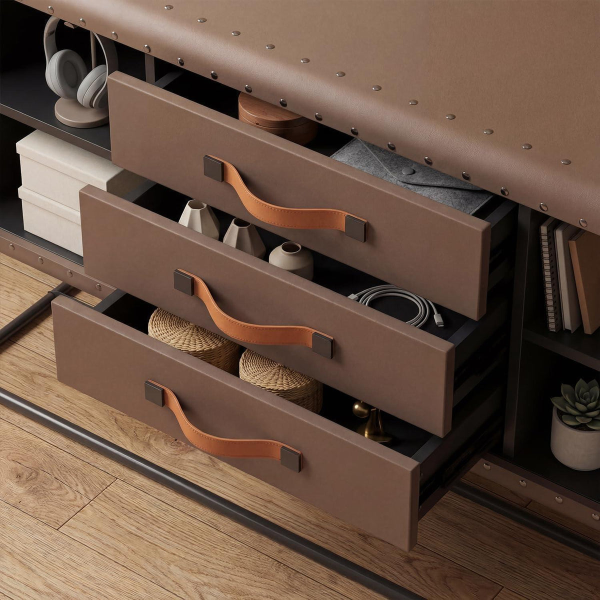 Industriales Sideboard 160 cm Braun – Kommode in Lederoptik