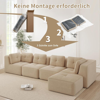 Modulares Ecksofa 4-Sitzer Beige mit Fußhocker – Cordstoff, Ohne Montage