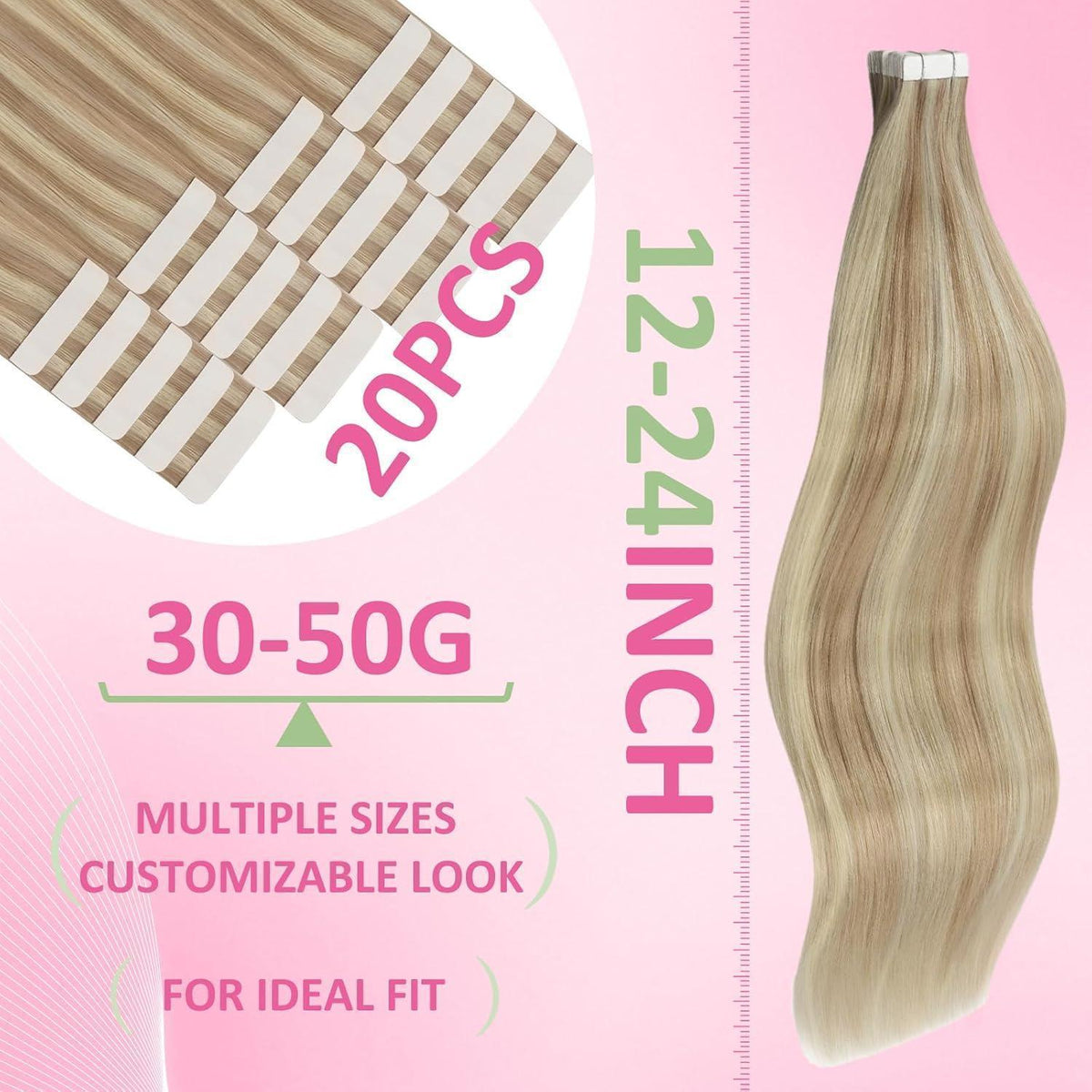 Echthaar Tape Extensions Aschblond 60 cm (50g)