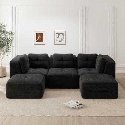 Modulares Ecksofa mit Fußhocker, Cordstoff, Schwarz