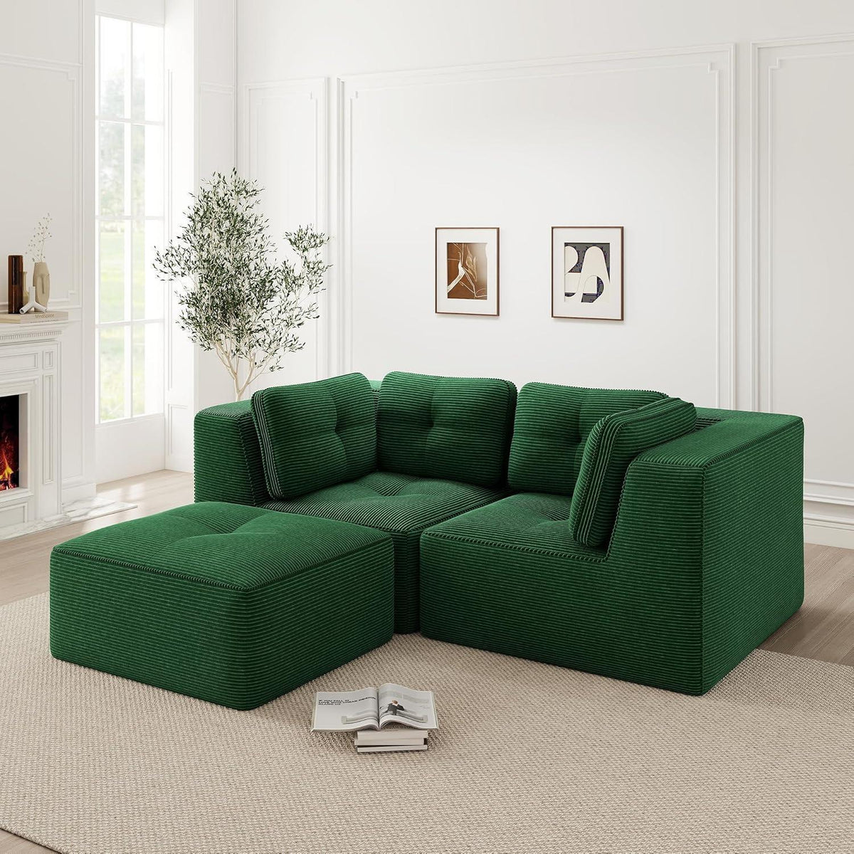 Modulares Ecksofa Grün 2-Sitzer + Fußhocker, Cordstoff, Ohne Montage