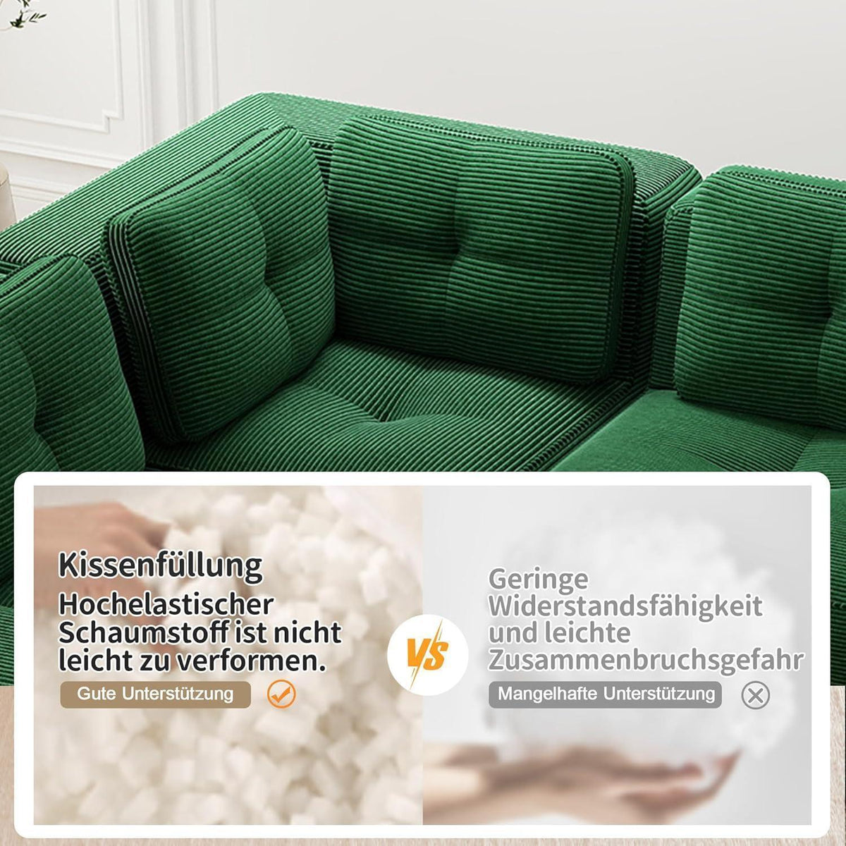 Modulares Ecksofa Grün 2-Sitzer + Fußhocker, Cordstoff, Ohne Montage