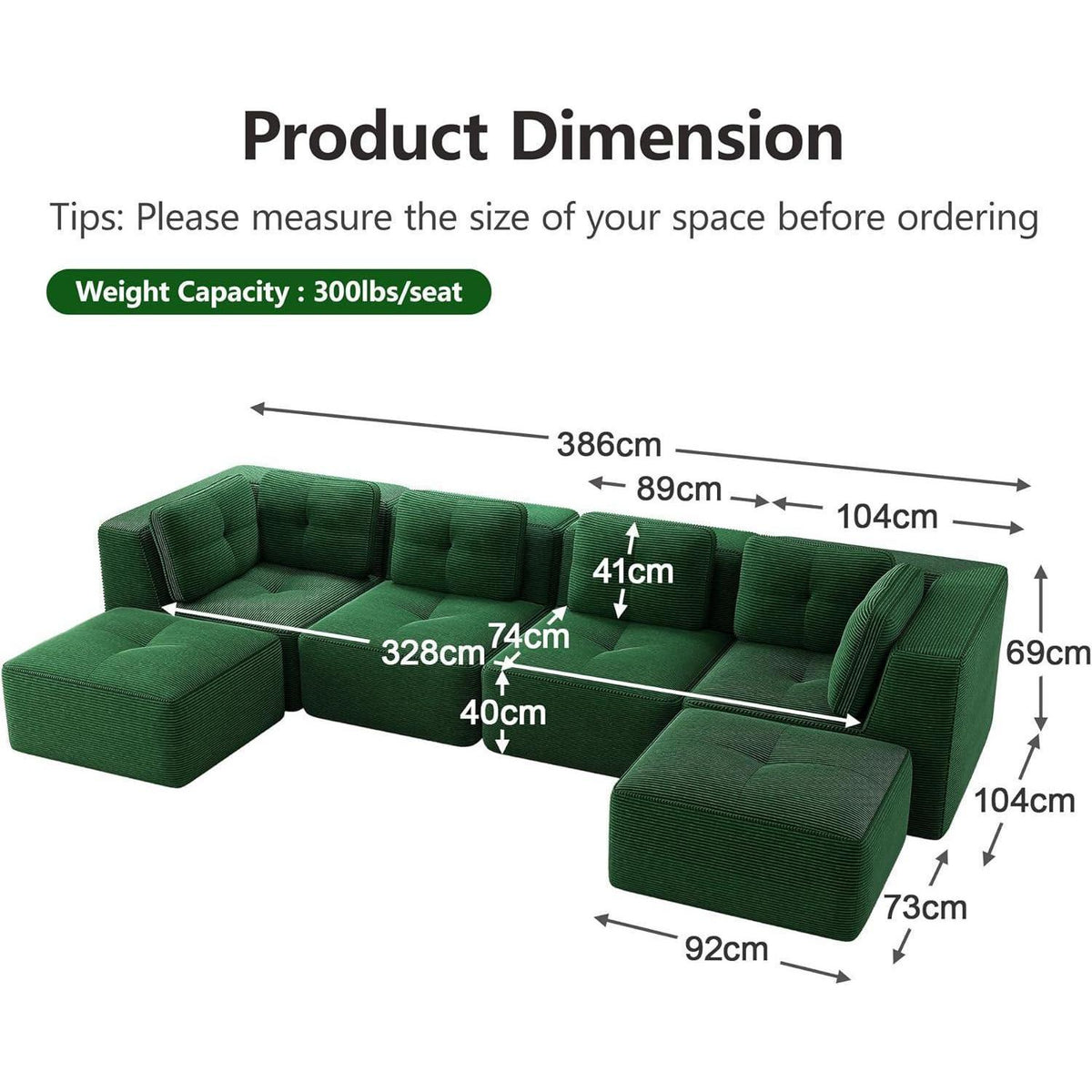 Modulares Ecksofa 4-Sitzer Grün mit Fußhocker & Cordstoff
