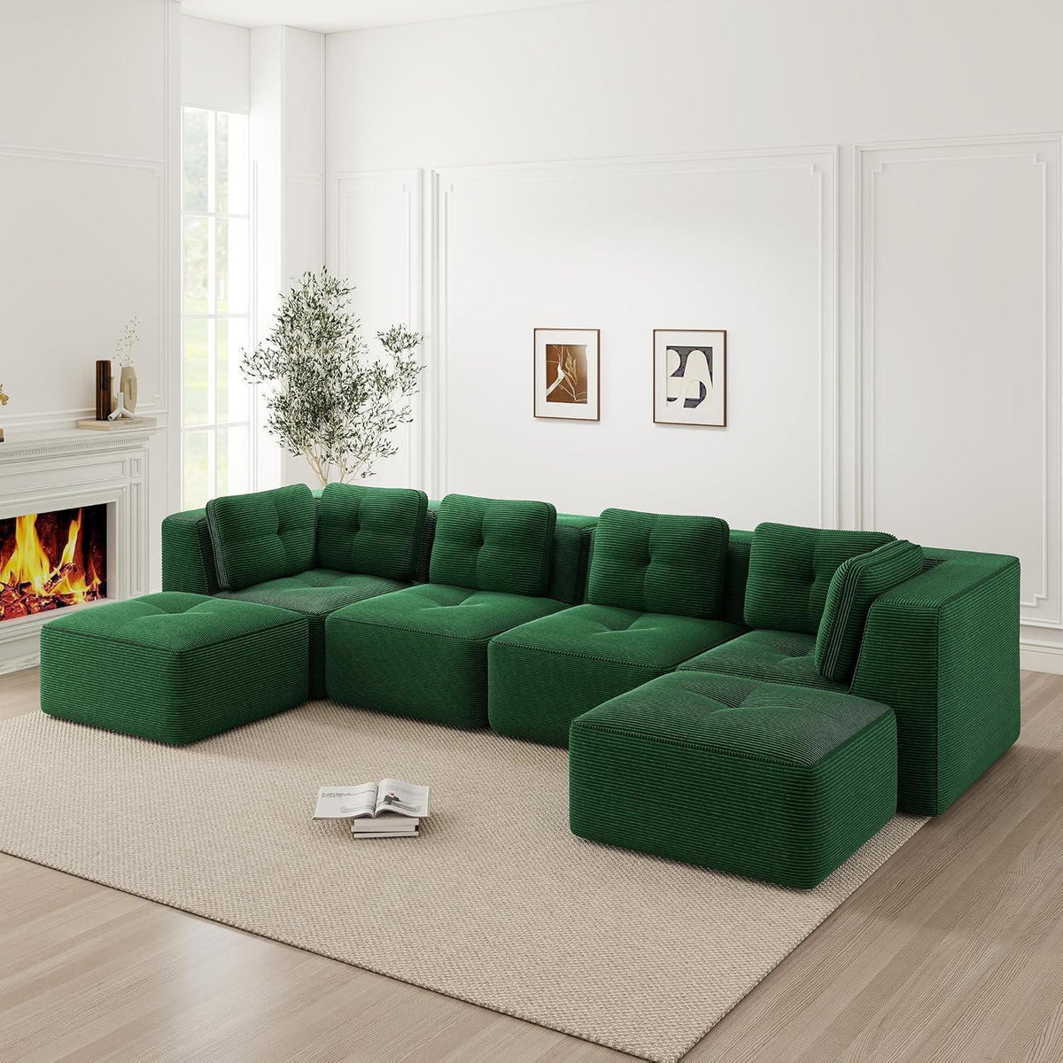 Modulares Ecksofa 4-Sitzer Grün mit Fußhocker & Cordstoff