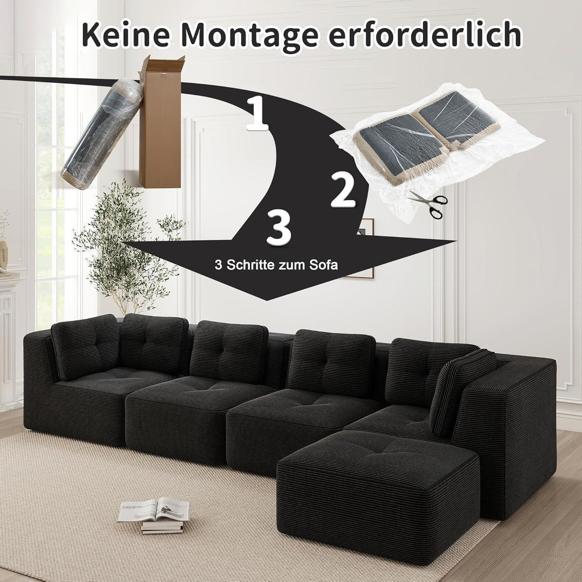 Modulares Ecksofa 4-Sitzer mit Fußhocker, Cordstoff, Schwarz