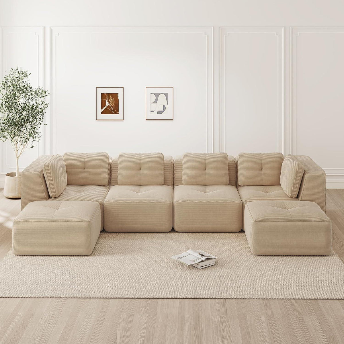 Modulares Ecksofa 4-Sitzer Beige, Cordstoff, U-Form, Ohne Montage