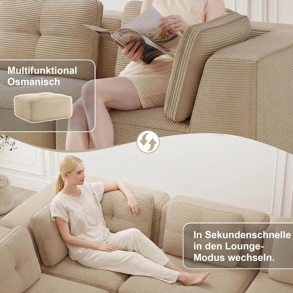 Modulares Ecksofa 4-Sitzer Beige, Cordstoff, U-Form, Ohne Montage