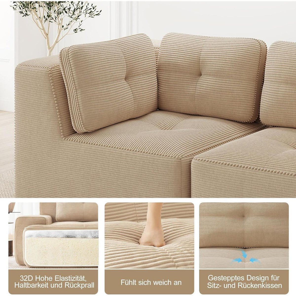 Modulares Ecksofa 4-Sitzer Beige, Cordstoff, U-Form, Ohne Montage