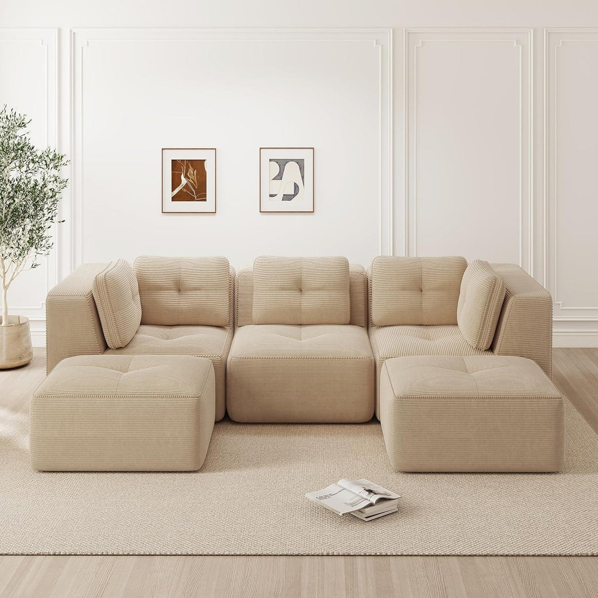 Modulares Cord-Ecksofa 3-Sitzer mit Fußhocker, Beige