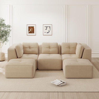 Modulares Cord-Ecksofa 3-Sitzer mit Fußhocker, Beige