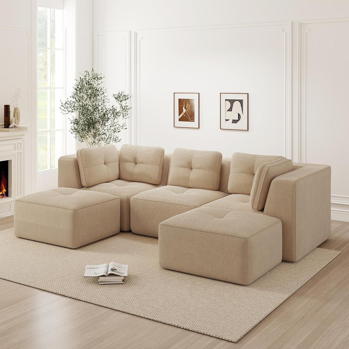 Modulares Cord-Ecksofa 3-Sitzer mit Fußhocker, Beige