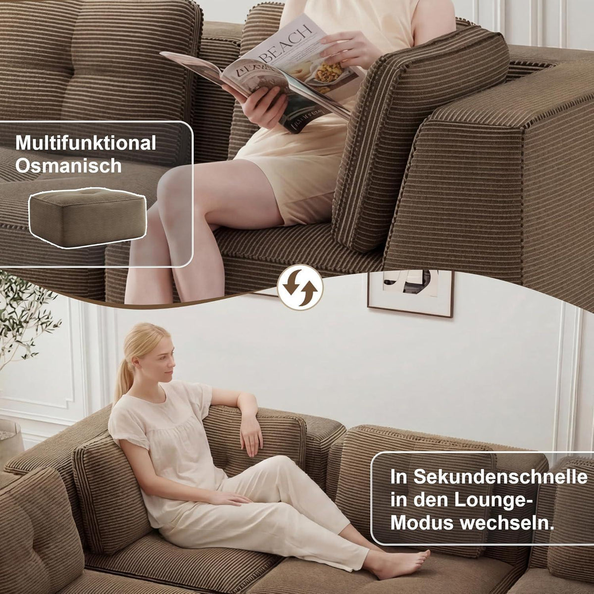 Modulares Ecksofa 4-Sitzer mit Fußhocker, Braun