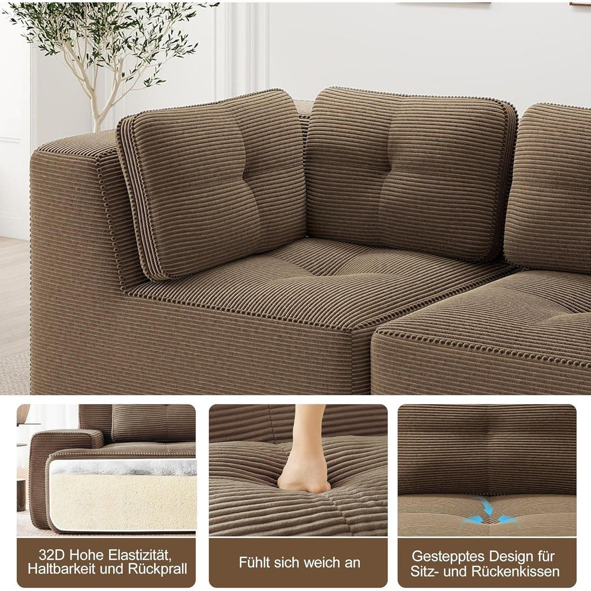 Modulares Ecksofa 4-Sitzer mit Fußhocker, Braun