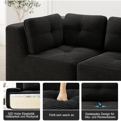 Modulares Ecksofa 4-Sitzer mit Fußhocker, Cordstoff Schwarz