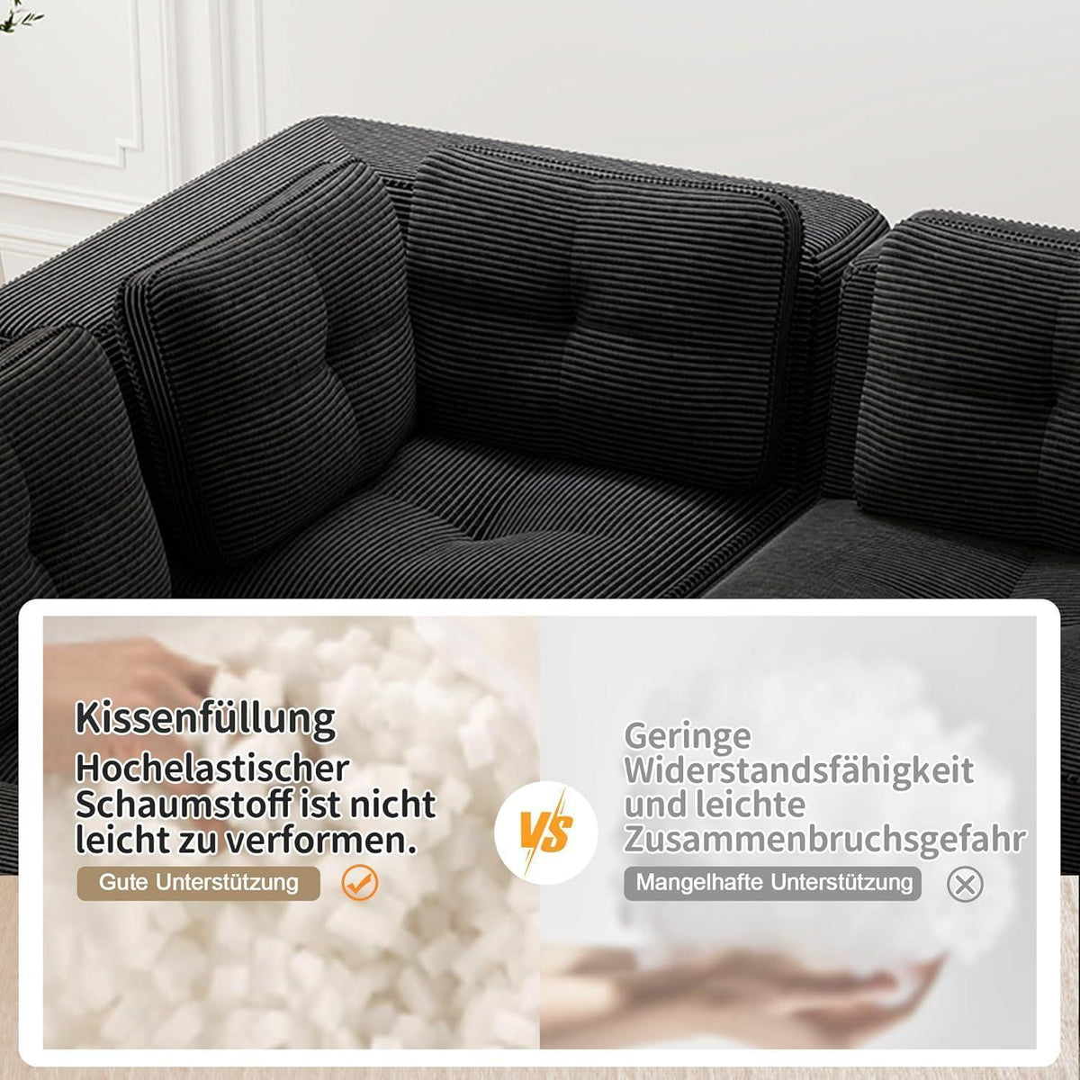 Modulares Ecksofa 4-Sitzer mit Fußhocker, Cordstoff Schwarz