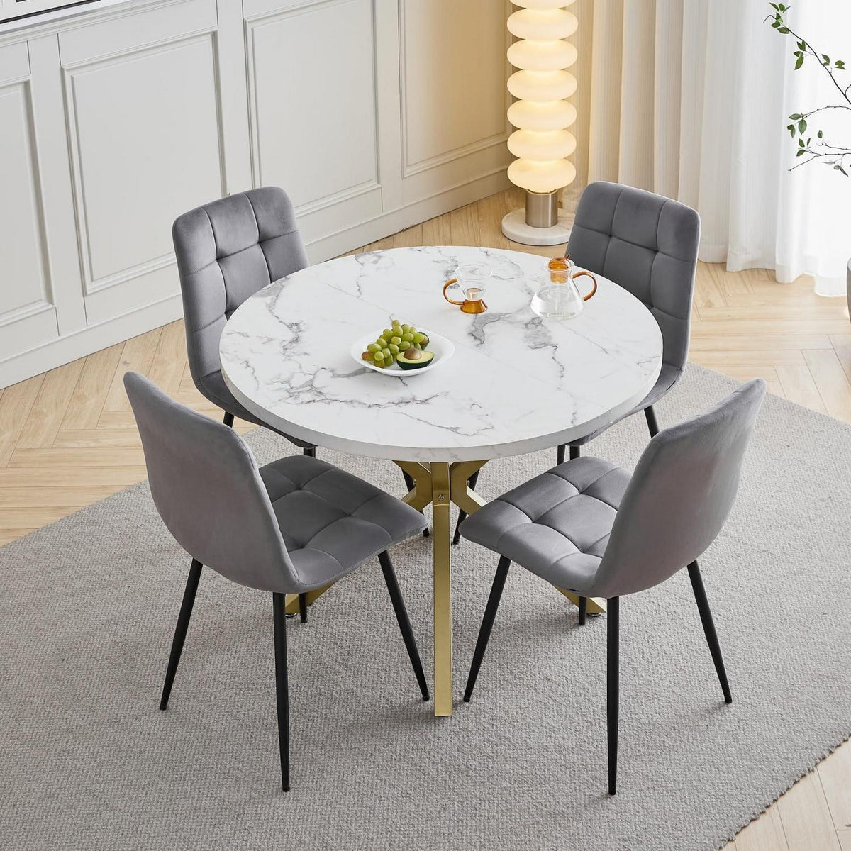 Moderner Esstisch Set mit 4 Samtstühlen – 100cm Durchmesser