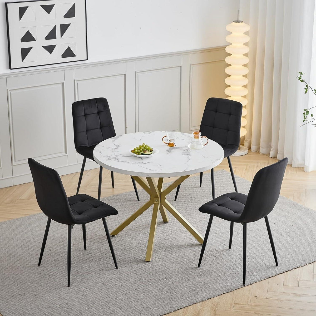 Moderner Esstisch Set mit 4 Samtstühlen – 100cm Durchmesser