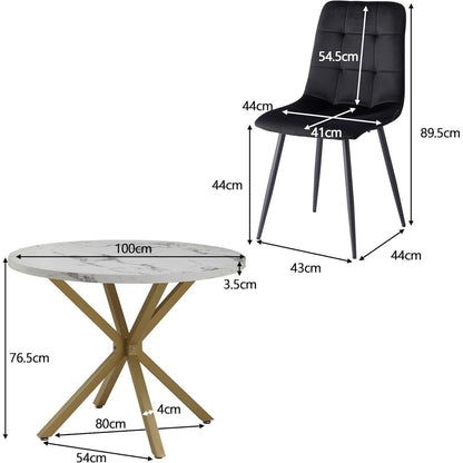Moderner Esstisch Set mit 4 Samtstühlen – 100cm Durchmesser