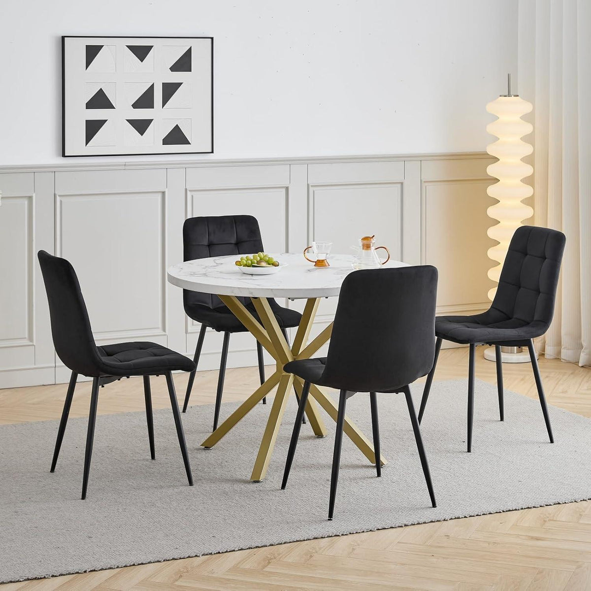 Moderner Esstisch Set mit 4 Samtstühlen – 100cm Durchmesser