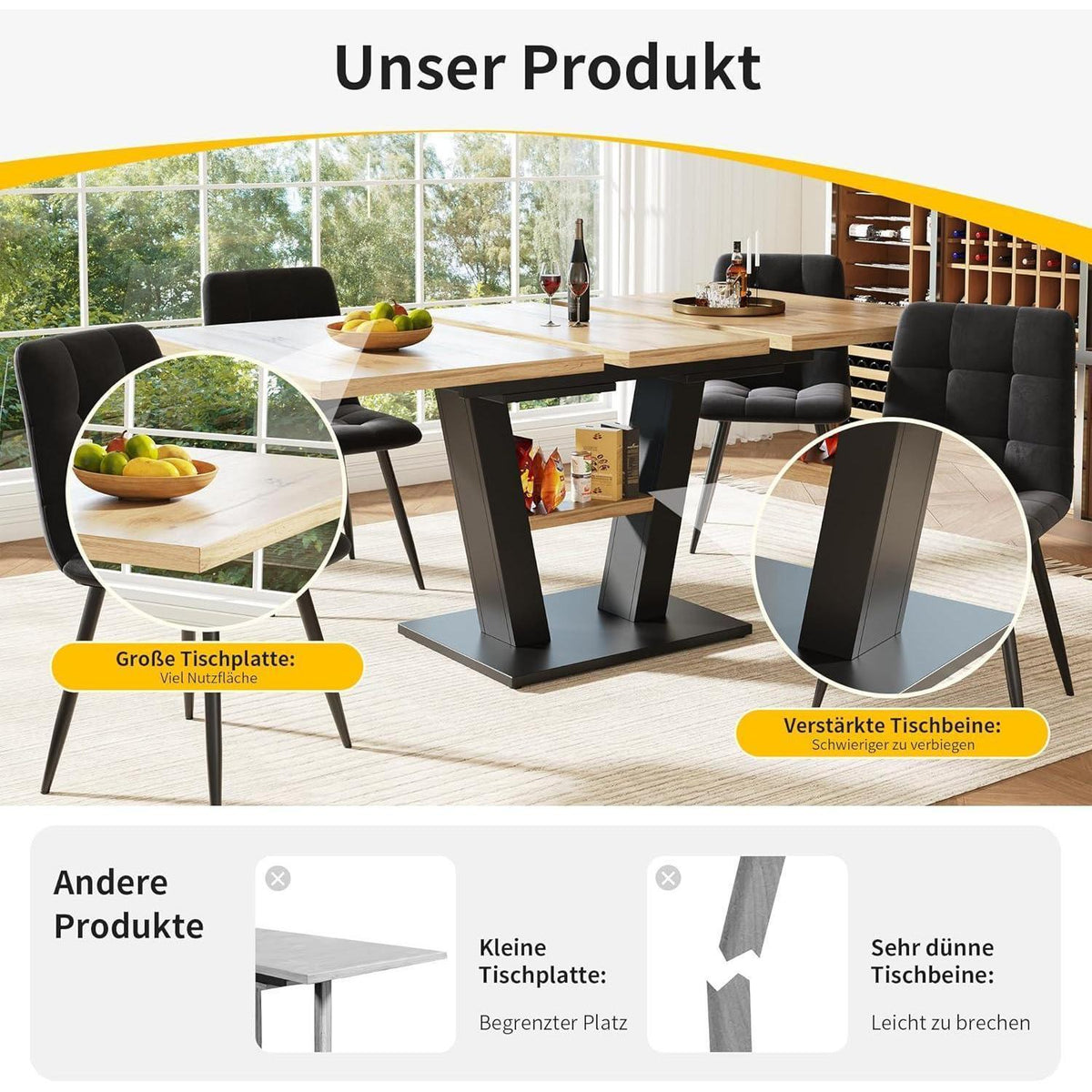 Ausziehbarer Esstisch Natur & Schwarz | Küchentisch für Küche & Wohnzimmer