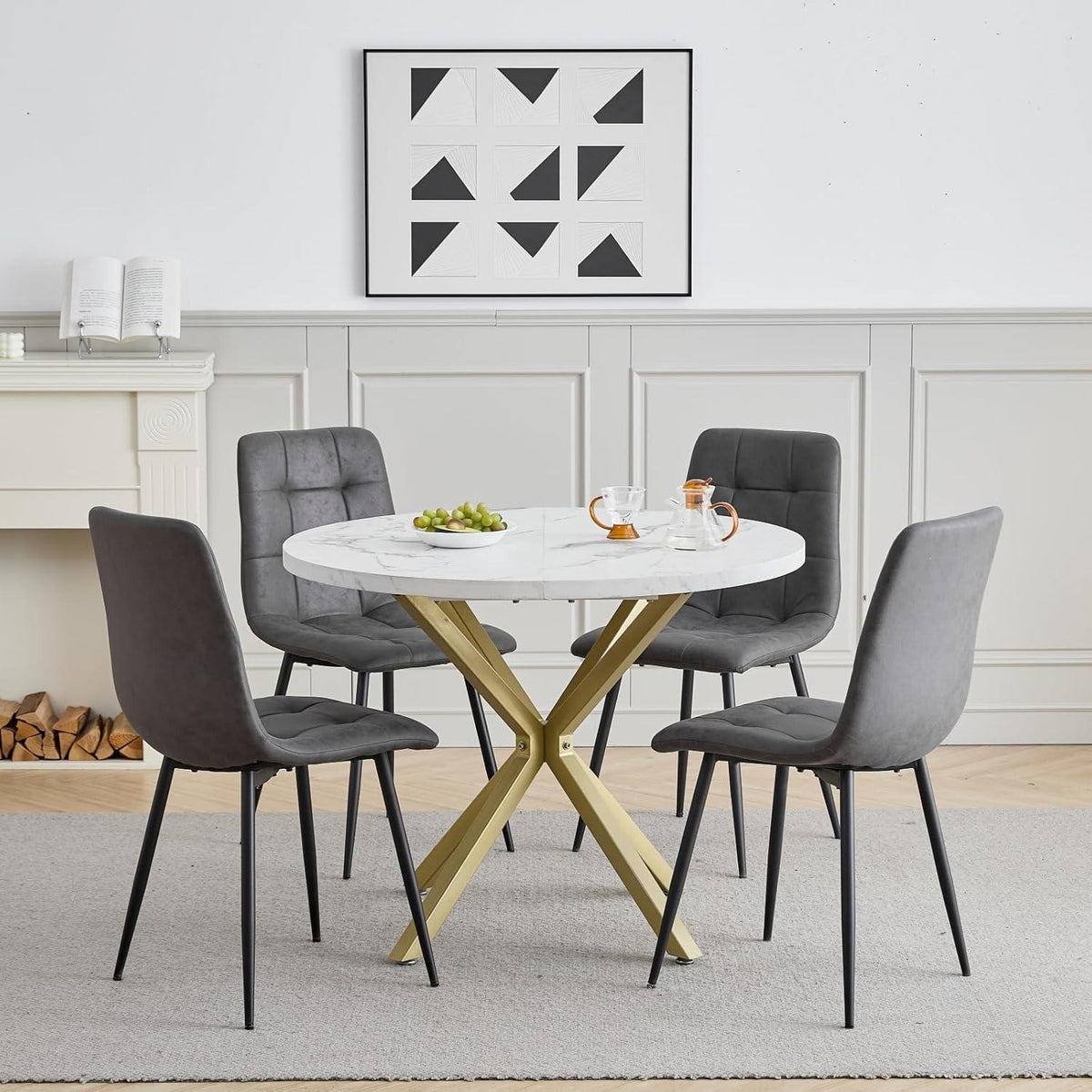 Moderner Esstisch Set 100cm mit 4 Sesseln in Lederoptik