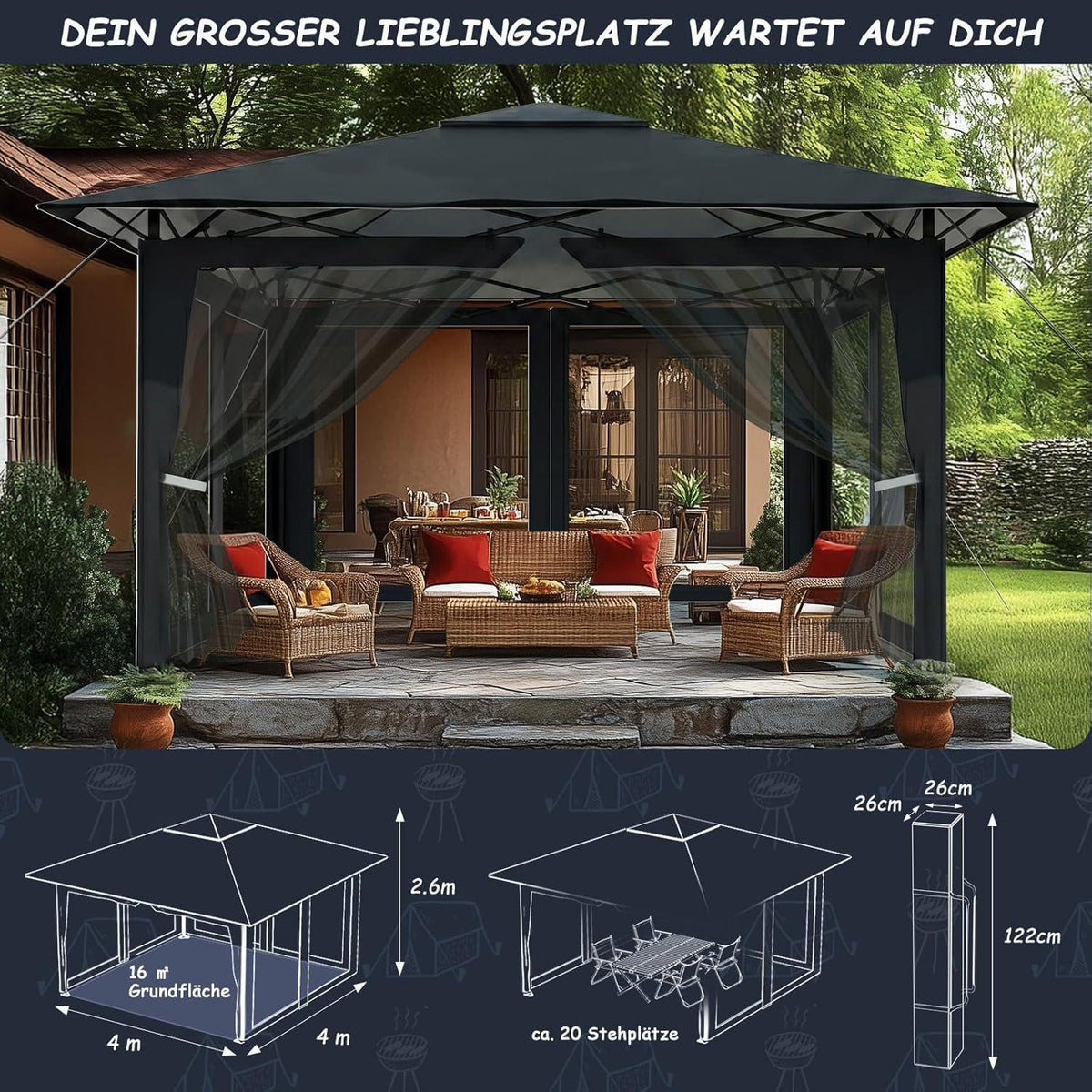 Gartenpavillon 3x3m mit Moskitonetzen & UV-Schutz