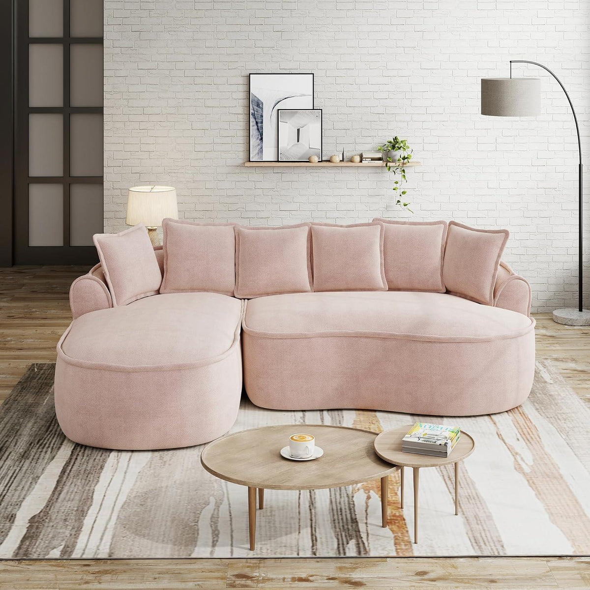 Modulares Chenille Sofa L-Form mit Chaiselongue & Kissen – Rosa