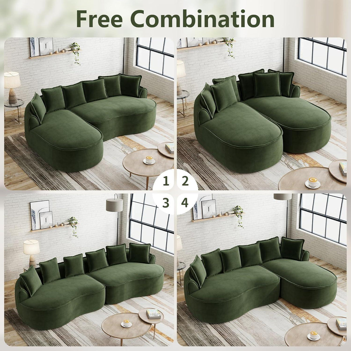 Modulares Chenille-Sofa 2-Sitzer mit Chaiselongue – Grün