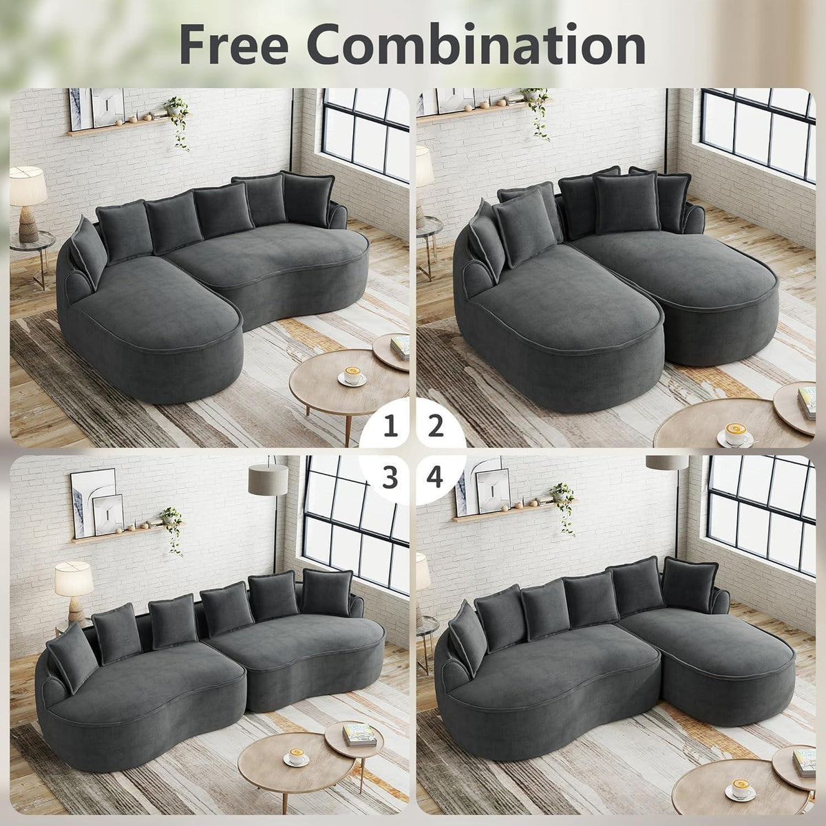 Modulares Sofa Grau | Chenille L-Form mit Chaiselongue & Kissen