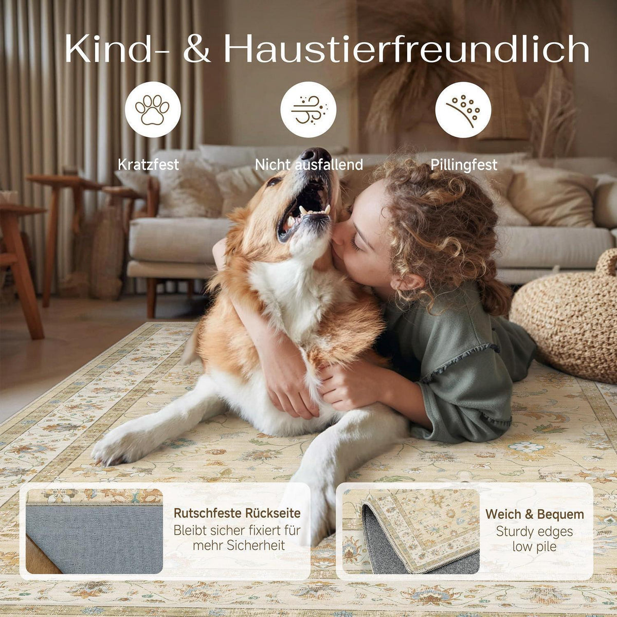 Waschbarer Teppich Beige 160x230cm – Vintage Wohnzimmer Teppich