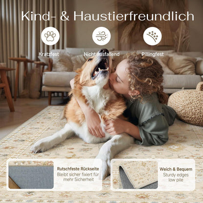 Waschbarer Teppich Wohnzimmer 160x230cm – Hellbeige & Beige Vintage Design