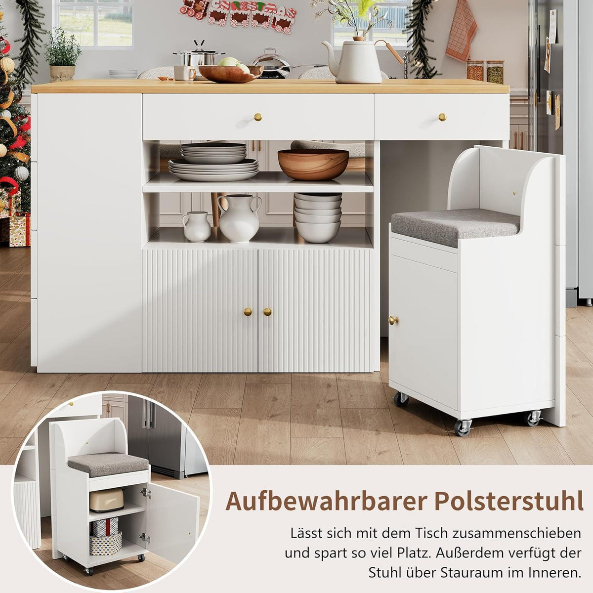 Bewegliche Kücheninsel Weiß mit Stauraum & Hocker