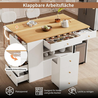 Bewegliche Kücheninsel Weiß mit Stauraum & Hocker