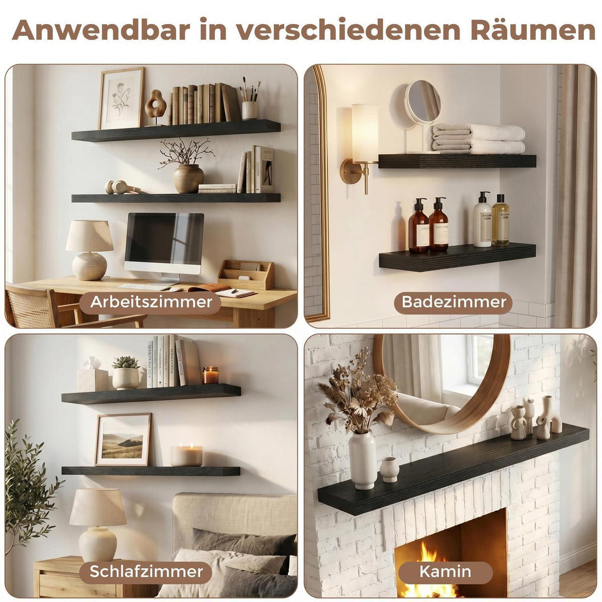 Schweberegale 90cm Schwarz im 2er Set mit rustikaler Holzmaserung