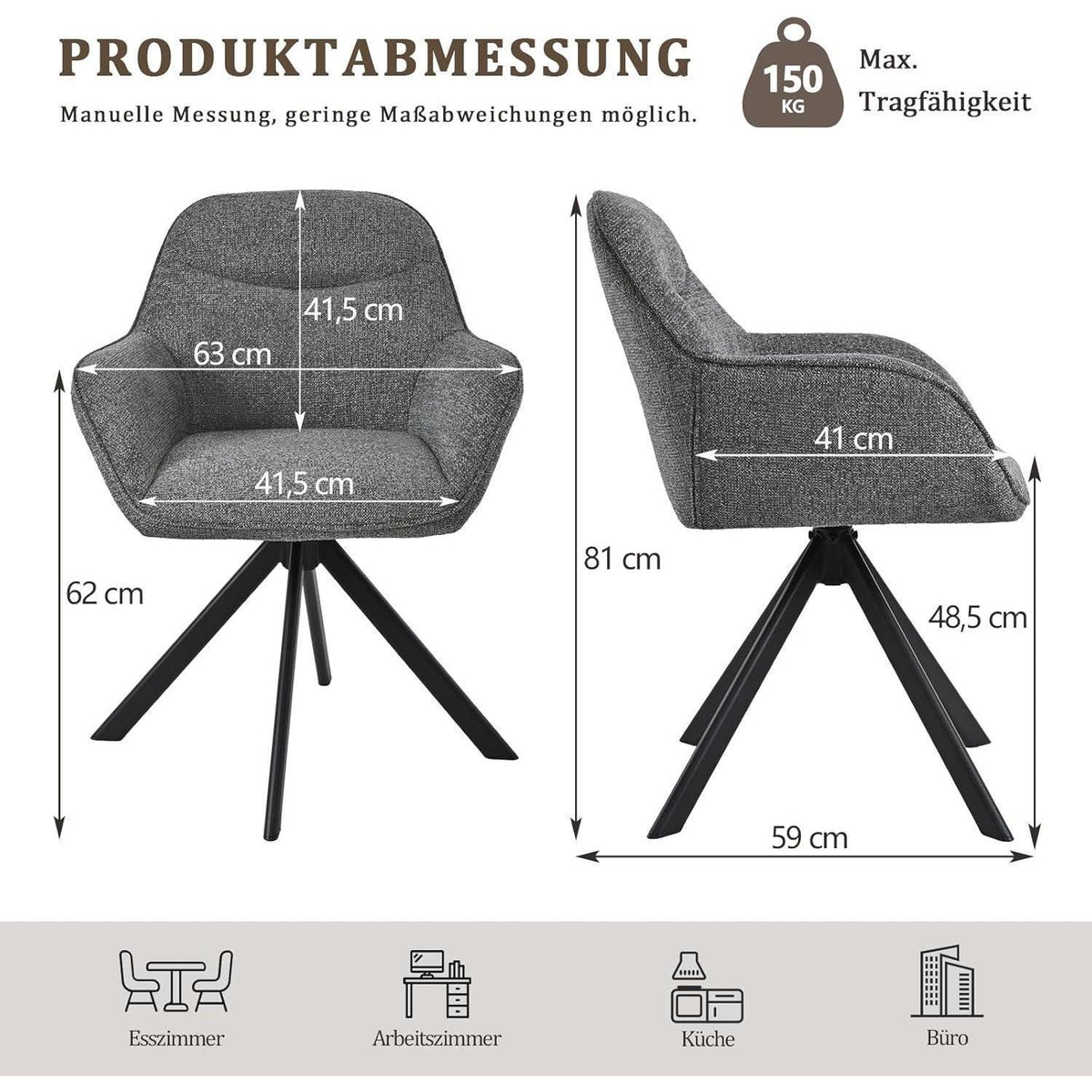 Drehbarer Esszimmerstuhl Set Grau, Chenille Polsterstuhl mit Armlehnen