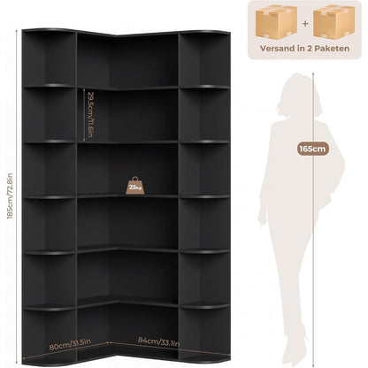 Eckregal L-Form Bücherregal 185 cm mit 6 Ebenen Schwarz