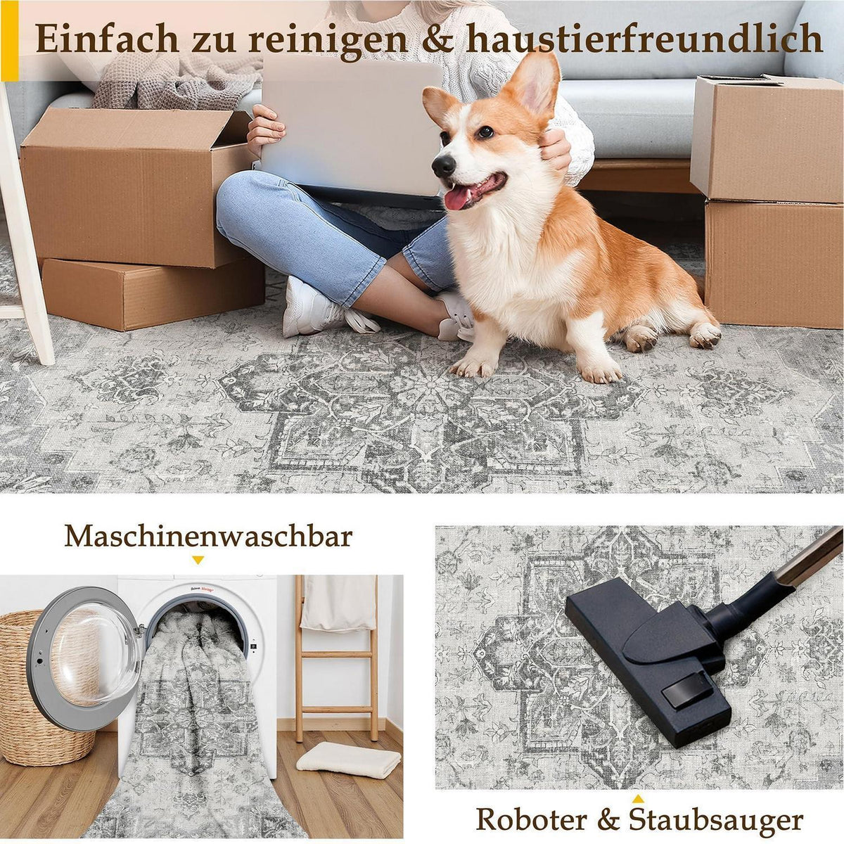 Vintage Teppich Grau 240x300cm Waschbar Rechteckig Wohnzimmer