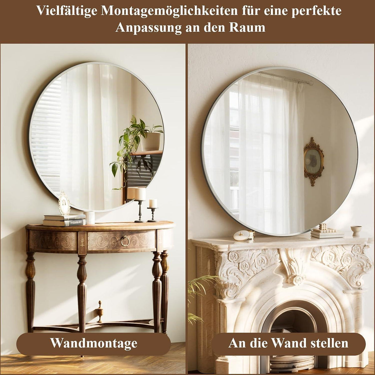 Runder Wandspiegel 106cm mit Silber Aluminiumrahmen
