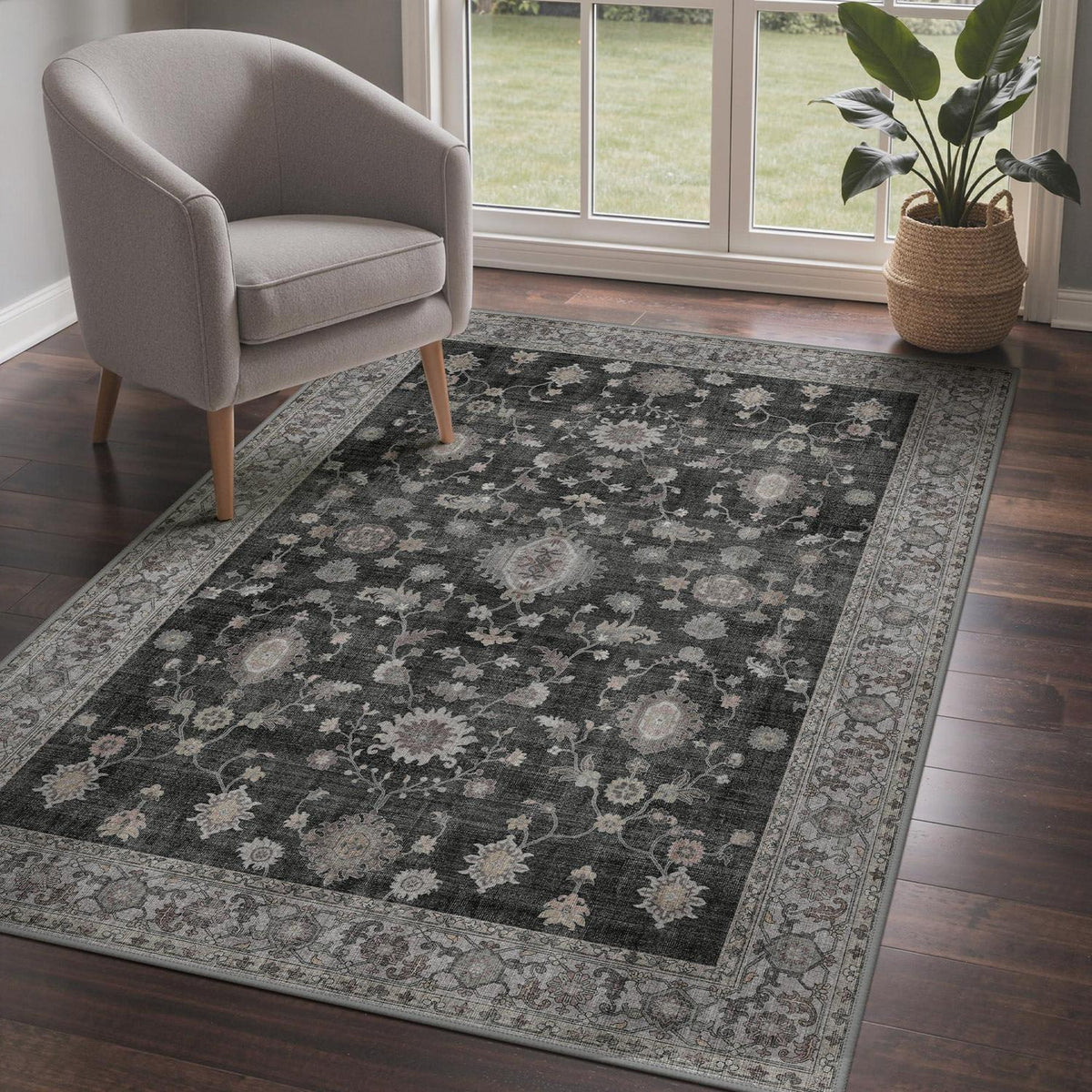 Vintage Teppich Wohnzimmer 160x230 cm Anthrazit Rechteck