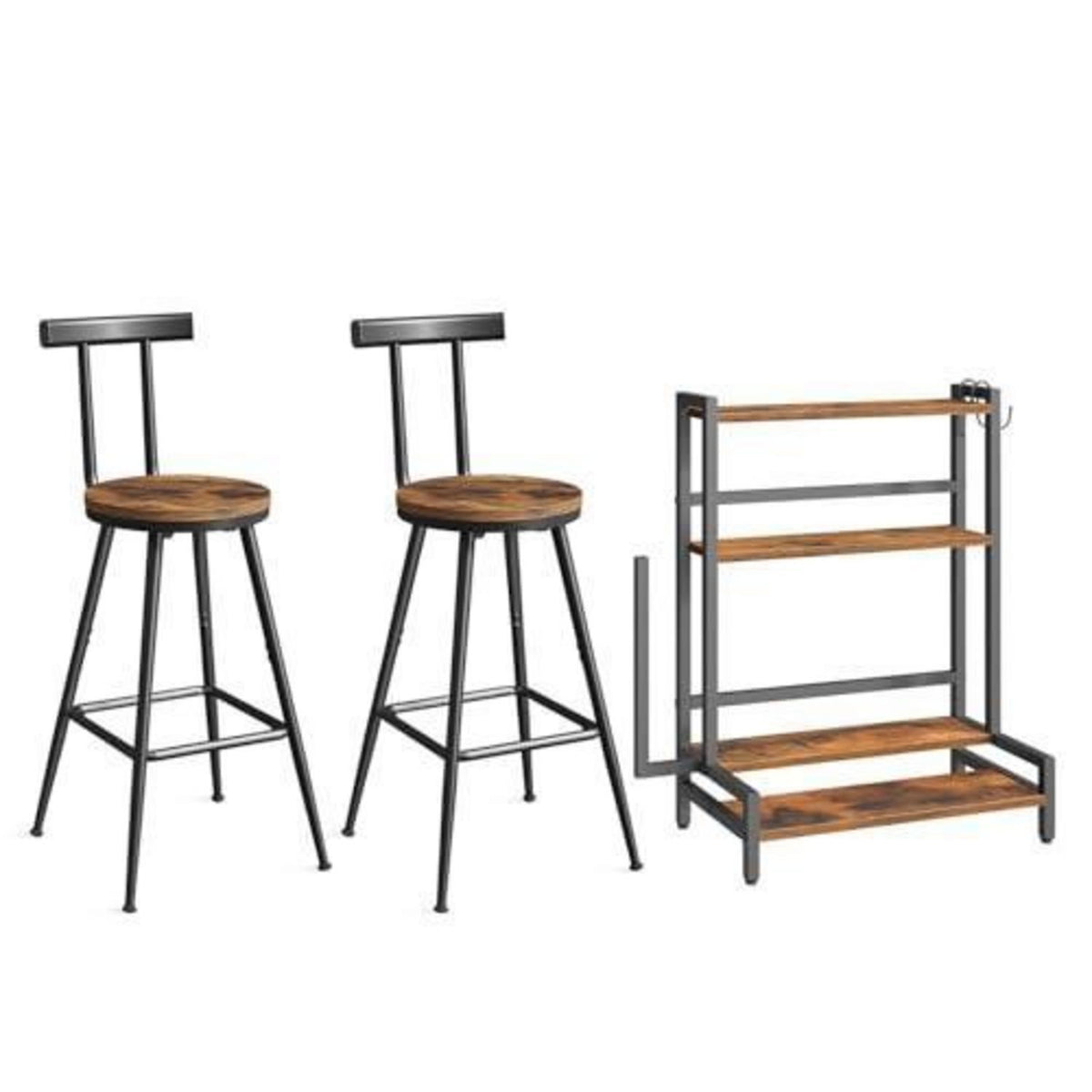 Barhocker-Set mit Gewürzregal – Vintagebraun & Schwarz