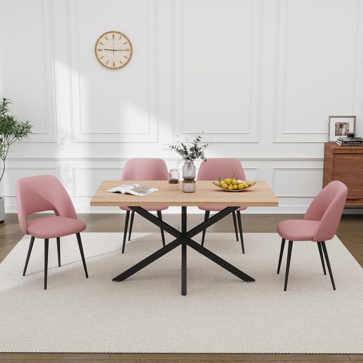 Moderner Esstisch Set mit 4 Cord-Stühlen (Rosa)