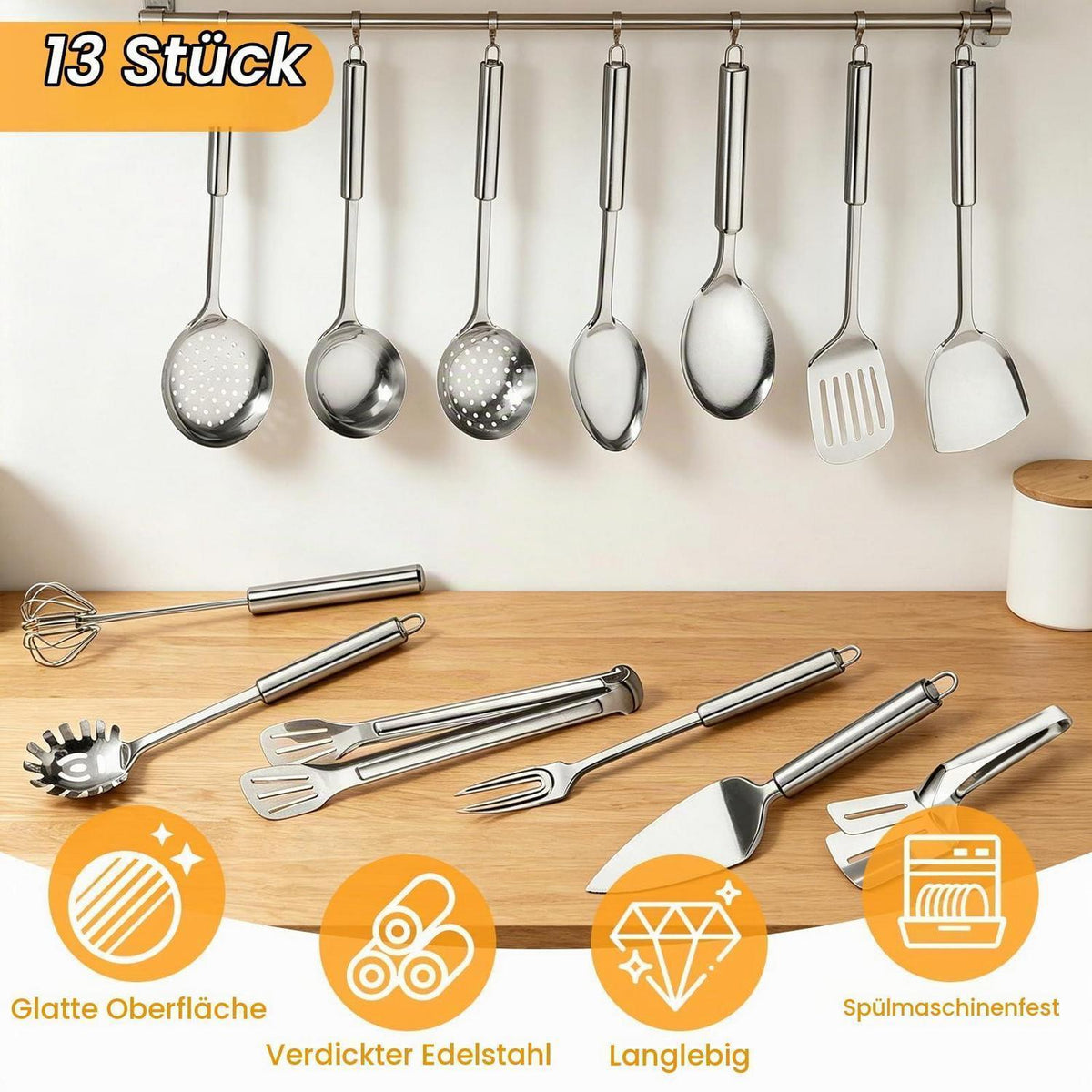 13-teiliges Edelstahl Küchenutensilien Set, Titan Silber Beschichtet