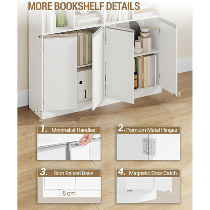 Freistehendes Bücherregal mit 4 Türen & 10 Fächern, Weiß