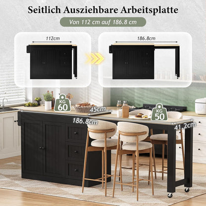 Mobile Kücheninsel mit Ausziehbarer Arbeitsplatte & Stauraum (Schwarz)