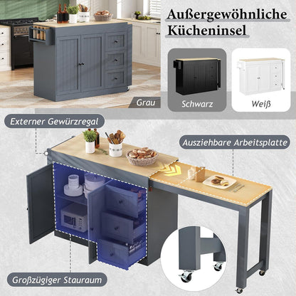 Mobile Kücheninsel mit Ausziehbarer Arbeitsplatte & Stauraum (Grau)