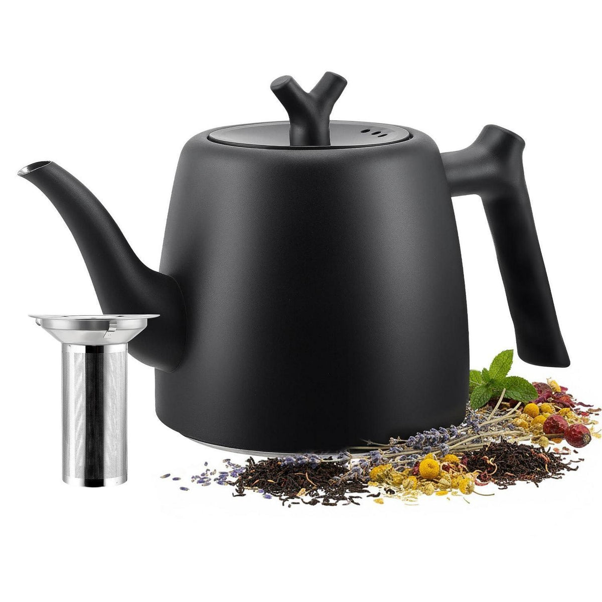 Schwarze Teekanne 2L Edelstahl mit Teesieb & Isolierung