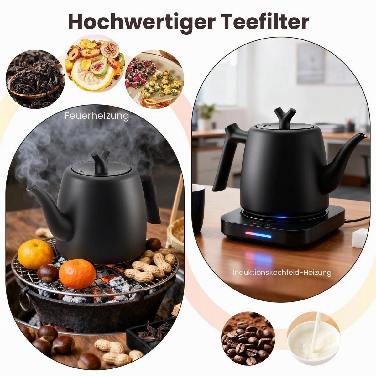 Schwarze Teekanne 2L Edelstahl mit Teesieb & Isolierung